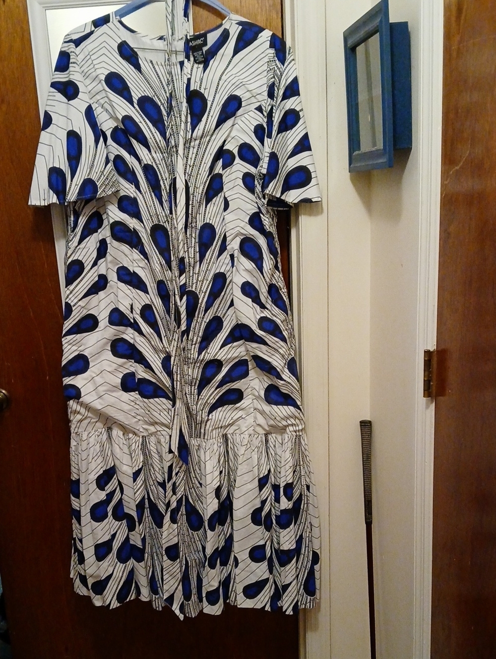Ashro Blue and White Peacock-Print Midi Dress